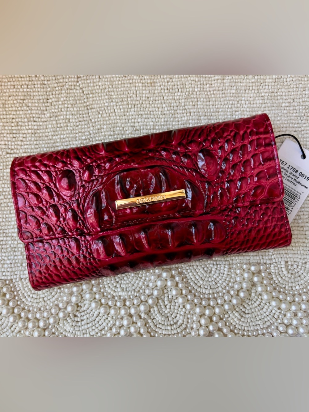 NWT Brahmin Leather Croc-Embossed CORDELIA Wallet, Merlot Ombre Melbourne